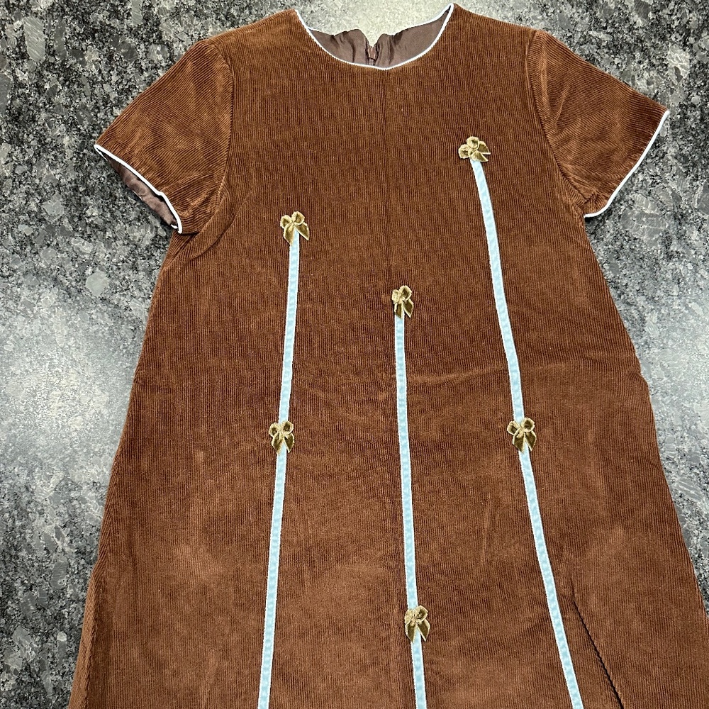 Luli & Me Brown Dress w. Velvet Blue Ribbon and Brown Velvet Bows - Girls size 6